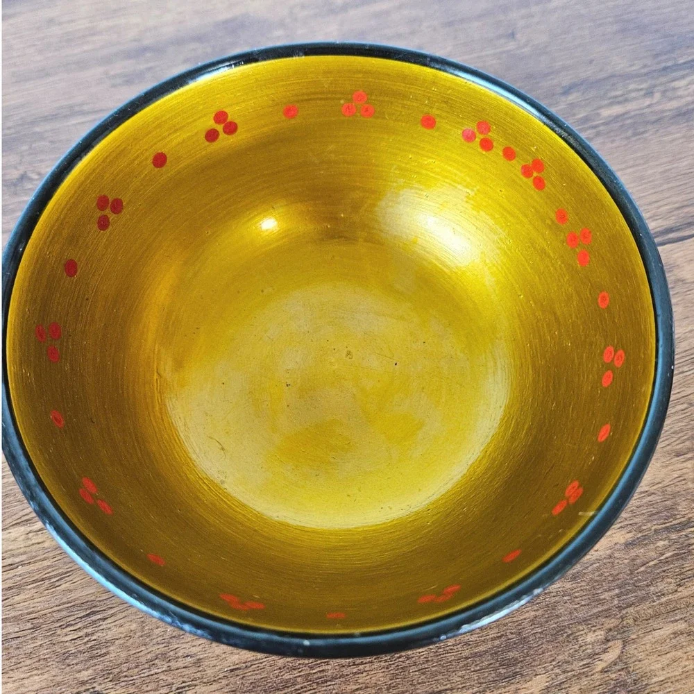 Vintage Russian Khokhloma Hand Painted Wooden Bowl Strawberry Floral Black Gold